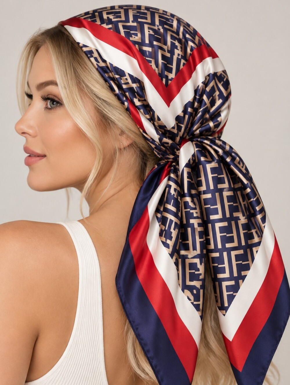 NEW Navy Red Gold Geometric Silky Satin Scarf 90cm Square